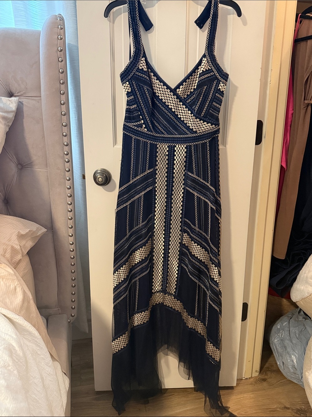 BCBGMaxAzria Navy and Gold Formal Dress